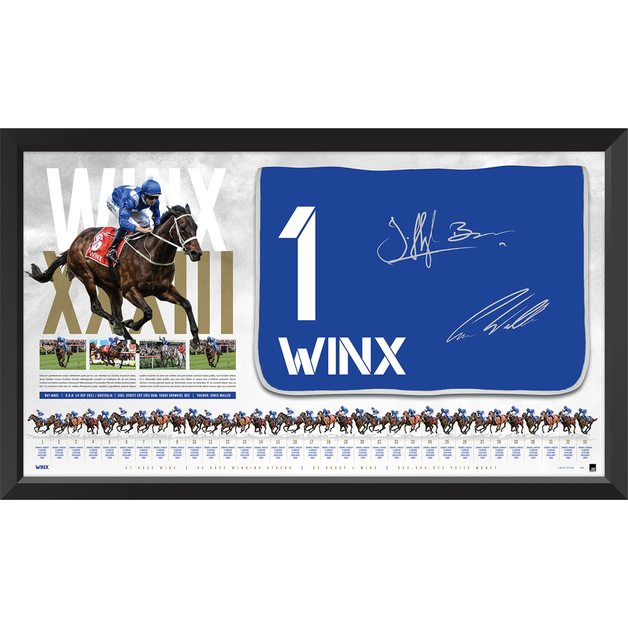 Winx XXXIII Chris Waller & Hugh Bowman Dual Signed and Framed Rac...