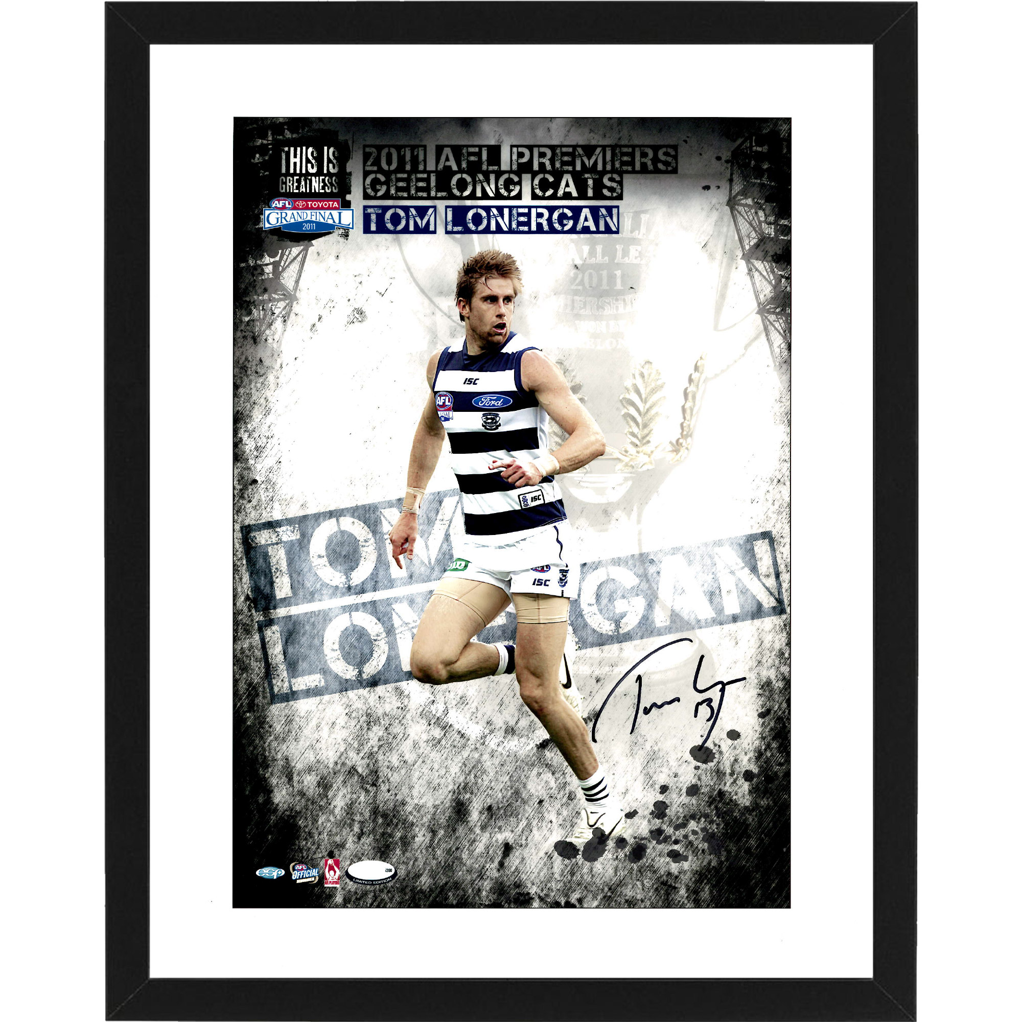 Geelong Cats – TOM LONERGAN Signed & Framed 2011 Premiers H...